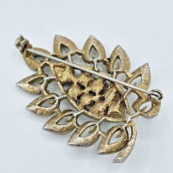 Elegant Estate Brooch Leaf Sprig Summer Pink Green Colorful Gold Tone Jewel Pin - Picture 6 of 9